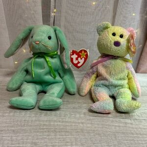 Ty Plush Bunny and Bear Duo - Mint Green and Pastel